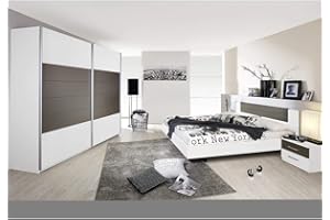 Rauch Möbel Schlafzimmer, Weiß / Lavagrau, bestehend aus Bett mit Liegefläche 160x200 cm inklusive 2 Nachttische und Schwebetürenschrank BxHxT 226x210x62 cm