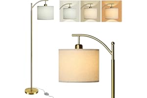 Depuley Nowoczesna lampa stojąca do salonu, lampa łukowa z szarym kloszem z materiału, żarówka E27, przełącznik nożny, lampa do czytania z 3 temperaturami barwowymi, 156 cm, lampa stojąca do studia,