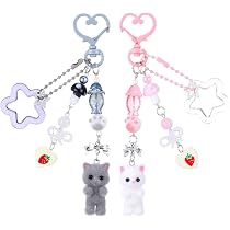 Set 3 Portachiavi Estetici Con Gatto Sfocato, Ciondoli Peluche Con Perline E Cuore, Accessori Y2K Per Borse E Zaini, Nero, Bianco E Grigio