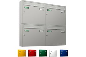 ‎AL BRIEFKASTENSYSTEME AL Briefkastensysteme Basic 4er Briefkasten RAL 9006 Weiß Aluminium Silber Edelstahl-farbig 4 Fach DIN A4 wetterfest Briefkastenanlage mit Posthaltebügel und 2 Namensschildern