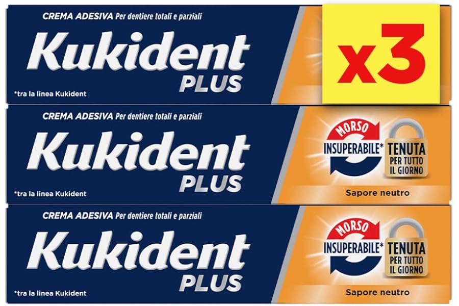 Kukident Plus Bite Unsurpassed Adhesive Cream for Total and Partial Dental Dentures, Neutral Flavour. Pack of 3 x 35 g