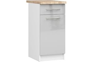 AKORD | Armadio da Cucina con Piano di Lavoro - Oliwia S40 | Mobiletto Base con Anta, Cassetto 2 Ripiani | Mobile Ingresso | Credenza | Penisola | Armadietto | 46x40x85 cm | Bianco|Metallizzato lucido