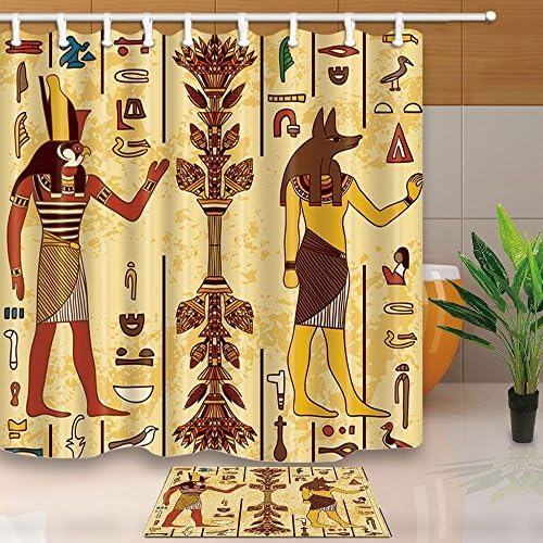 Retro Egyptian Decor, Ancient Egyptian Gods with Hieroglyphs, 15.7x23.6in Mildew Resistant Polyester Fabric Shower Curtain Suit With 15.7x23.6in Flannel Non-Slip Floor Doormat Bath Rugs