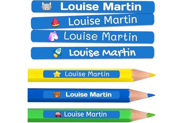 200 Pegatinas personalizadas para marcar lápices y bolígrafos. Etiquetas adhesivas de vinilo impermeables de colores para niños en la escuela y la guardería. Dimensiones 4,6 x 0,6 cm