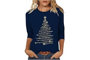 AMhomely Christmas T Shirts for Women UK Clearance Ladies Tops Fall Casual 3/4 Sleeve Loose Shirts Crewneck Xmas Tree Snowflake Elk Print Cute Blouse Graphic Tees Tunic Dressy Trendy Clothes