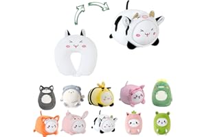 JOYRAVO Dziecięca poduszka podróżna 2 w 1, odkształcalna poduszka pod kark, miękka poduszka w kształcie litery U z uroczymi pluszowymi zwierzętami, przytulny towarzysz spania i zabawy w samolotach i w