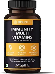 Boldfit Multivitamin For Men & Women (120 Veg Tablets) With Probiotics Vitamin C, E, Zinc For Immunity, Biotin, For Healthy Hair, Skin & Nails. Immunity Booster