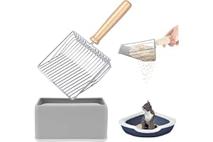 JUXINE Cat Litter Scoop with Holder, Metal Cat Litter Scooper, Heavy Duty and Easy Clean,Fast Sifting Non-Stick Cat Poop Sifting with Container to Store cat Scooper