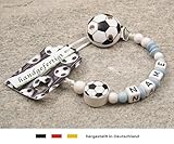 Baby SCHNULLERKETTE mit NAMEN | Motiv Fussball in babyblau