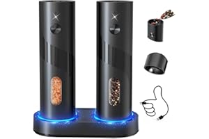 CIRCLE JOY Rechargeable Electric Salt and Pepper Grinder Set Automatic Pepper Mill Grinders with Charging Base, Adjustable Coarseness, 110ml Capacity and White LED Light, Black