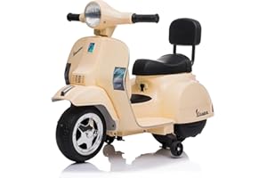 MR J TOYS&MORE Vespa Elettrica per Bambini - Sicura e Divertente, Motocicletta Giocattolo con Acceleratore a Pedale, Luci e Suoni, Batteria Ricaricabile 6V e Caricabatteria Incluso, Funzione Avanti/Indietro (Crema)