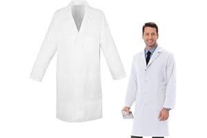 COMIOKE Fartuch laboratoryjny dla mężczyzn i kobiet, fartuszek lekarski, fartuch laboratoryjny, biały, bawełniany fartuch lekarski, z guzikami i 3 kieszeniami, do szkoły, unisex, do laboratorium, nauki, pracy