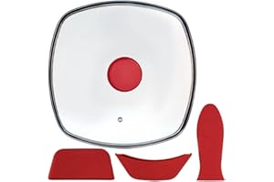 HR HUARE TECHNOLOGY Square Glass Lid for Grill Pans with Steam Vent Hole - Fits Lodge Cast Iron Skillets 26.67cm - Square Tempered Glass Lid - Not Universal - With Silicone Holders