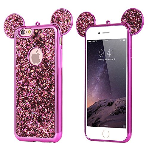 Bling Mouse Ears Glitter Phone Case Cover Mickey Minnie for iPhone 5 6 7 8 X and Samsung Galaxy S7 S8 S9 (iPhone 6, Hot Pink)