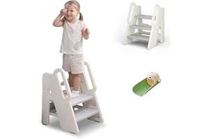 ‎HOOPYOSMS hoopyosms Tritthocker für Kinder, 2/3-Stufig Höhenverstellbar, Faltbarer Kinderschemel mit Handläufen, Anti-Rutsch, Ideal für Bad und Küche, Trittleiter für Kleinkinder (Grau)