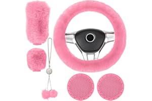 Crevyteg 6 Stück Flauschige Lenkradabdeckung, Plüsch Winter Auto Lenkradbezug, Elastisch Lenkrad Schutzhülle Abdeckung Auto Zubehör mit Handbremsabdeckung Plüsch-Schlüsselanhänger und Untersetzer rosa