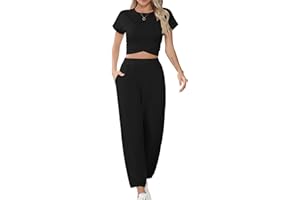 Missufe Damski dres treningowy typu crop top i spodnie do biegania, strój rekreacyjny, 2-częściowy strój z kieszeniami