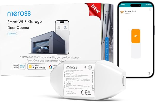 Meross Ouvre-Porte de Garage Connecté, Telecommande WiFi Universelle Compatible CarPlay, Apple HomeKit, Siri, Alexa et Google, avec Notification, Contrôle Vocal, Fermeture Automatique et Minuteur