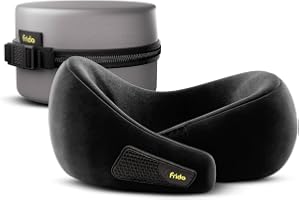 Frido Travel Neck Pillow, 100% Hi-Per Foam, Lightweight Neck Support Pillow, Neck Pillow for Flight Travel, Memory Foam, Adjustable Velcro Straps, Free Travel Pouch (Core Black)