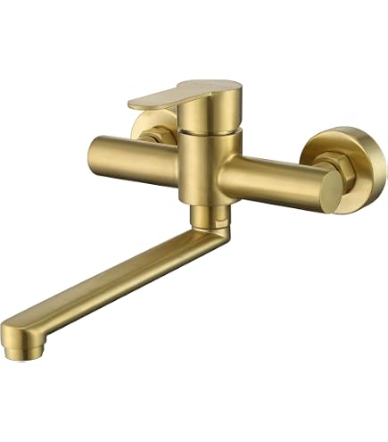 TRUSTMI Rubinetto da bagno in oro spazzolato con montaggio a parete, 2 maniglie a croce nascosto rubinetto per lavello con valvola in ottone ruvido, beccuccio girevole da 20,8 cm, altezza di