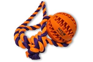 WEPO Ball mit Schnur Hund Orange Ø7cm - Spielzeug für große Hunde - Zahnpflege Hund - Zergel Hundespielzeug - Dog Toy gegen Langeweile für Spielspaß - Strick Orange/Lila