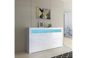 BESTWANTED Sideboard High Gloss 3 Doors Sideboard Cabinet Storage Cupboard with LED Lights Modern Living Room Bedroom Furniture (White)