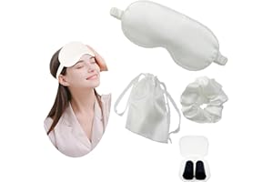 JK Home Masque de Sommeil en Soie Imitation Cache Yeux pour Dormir avec Sangle Elastique Sac Rangement Elastique à Cheveux Voyage Bureau Blanc