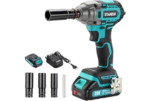 Stanew Clé à chocs sans fil Brushless, 350N.m Boulonneuse a Choc avec 2000mAh Batterie, avec 3 Douilles à Chocs (Deux batteries)