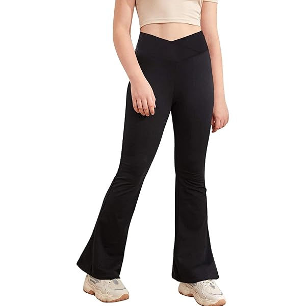 Haloumoning Meisjesleggings, wijde broek, V-hals, crossover flared, yogabroek, sportbroek, kinderen, uitlopende broek voor yoga, dans, hardlopen, bruin, 11-12 Jaar