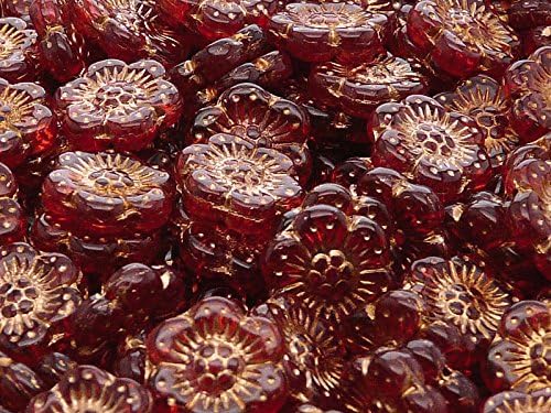 4pcs Flower Beads 14mm, Czech Carved Glass, Ruby with Bronze Fired Color