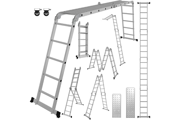 Ikodm 4 x 5 steg multifunktionsstege 5,82 m 7-i-1 aluminium multifunktionsstege upp till 150 kg med 2 transporthjul och 2 plattformar, ledklädd fällbar stege stående stege aluminiumstege
