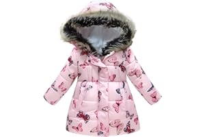 Qiraoxy Girls Winter Coat Fur Collar Hooded Jacket Leopard Print Windproof Warm Jacket Long Sleeve Long Padded Overcoat Children Hooded Cotton Parka Coat