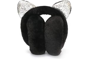 chlius Cache-Oreilles pour Filles Earmuffs Chaud d'hiver Chats Oreillers Earwarmer Pliables Ajustables en Peluche pour Oreilles Chaudes Manchons avec Sequin, Cadeau Parfait pour l'hiver (Noir)
