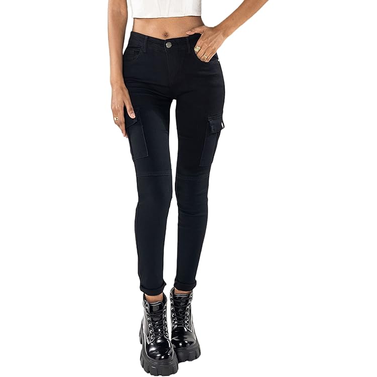 Nina Carter P219 Cargojeans voor dames, hoge taille, relaxed fit, elastische broekspijpen, used look, XS