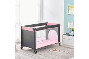 URKITD Baby Travel Cot with Mattress 125 x 66cm, Folding Baby Crib and Playpen (Birth to 3Y), Portable Infant Nursery Center Playard with Wheels, Carrying Bag, Toddler Travel Bed, Blackish-Blue+Pink