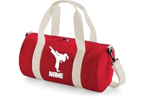 ABSOLUTELY TOP Personalised Karate Barrel Bag Girls Martial Arts Kick Boxing Sports Gym Gift, Hot Lava Red/White Print