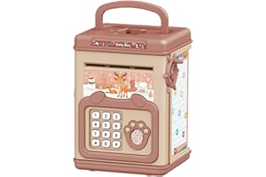 PLPLAAOO Pudełko do oszczędzania pieniędzy dla dzieci, bezpieczne hasło odcisków palców bank gotówka moneta słoik na pieniądze, instrukcja kreskówek edukacyjna elektroniczna skarbonka dla (pink)