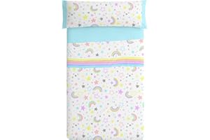 Burrito Blanco Juego de Sábanas 170 | Sábanas Bajera Ajustable | Algodón y Poliéster | Cama 90cm | Diseño Estrellas y Arcoíris