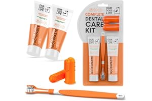 DOGSLIFE Dog Toothbrush with Toothpaste | Approved Dog Dental Kit | One Triple Headed Deep Cleaning Toothbrush for Dogs + Two 100% Natural Toothpaste + Two Finger Brushes | Freshen Breathe & Remove Plaque