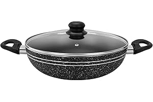 Royalford Aluminium Wok Pan, 28 CM | Induction Safe Frying Pan with Non-Stick Coating & Tempered Glass Lid | Saute/Frying pan with Heat-Resistant Handle | Stir Fry Cookware Pan, PFOA