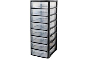 SIDSONS A4 PLASTIC STORAGE DRAWERS DRAW TOWER UNIT OFFICE DESKTOP TABLETOP HOME SCHOOL GARAGE MODULAR & PORTABLE DRAWERS OFFICE DESK ORGANIZER SLIM A4 SIZE 2|3|4|6|8 TIERS (Black/Clear, A4 Slim 8 Drawers)