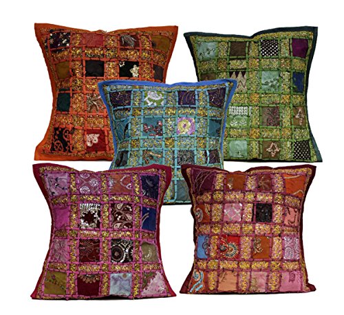 5 PCS Multi Pailletten Patchwork indischen Stickerei Sari Überwurf Kissen Kissen 40,6 x 40,6 cm