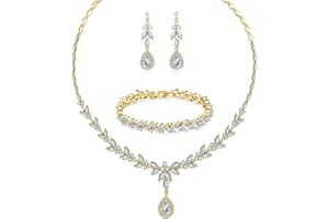 Zolkamery Bridal Jewellery Sets for Women, Bracelet Necklace and Earring Sets with Cubic Zirconia, White Gold/Rose Gold/Gold Plated Sparkle Briolette Jewellery Set, Wedding Set Jewellery for Bride