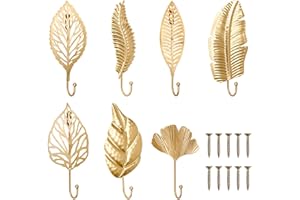 QUMENEY 7Pcs Leaves Iron Hooks 7 Style Wall Mounted Metal Coat Hooks Gold Leaves Decorative Hanging Wall Hooks Key Holder Coat Hanger for Entryway Bathroom Bedroom Farmhouse Decoration