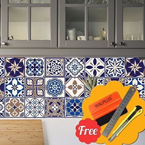 Preisvergleich Produktbild Walplus Entfernbarer selbstklebend Wandkunst Aufkleber Vinyl Wohndeko DIY Wohnzimmer Schlafzimmer Küche Dekor Tapete Spanish Blau Mix Wand Fliesen Aufkleber 48 stk. 15cm x 15cm
