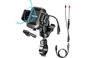 iMESTOU Soporte Inalámbrico USB C para Motocicleta, Antivibración, Bola de 25MM Soporte para Teléfono Qi Adecuado para Teléfonos de 5.2"-7.2" de Grosor hasta 15mm de Grosor para Manillares de 22-32mm