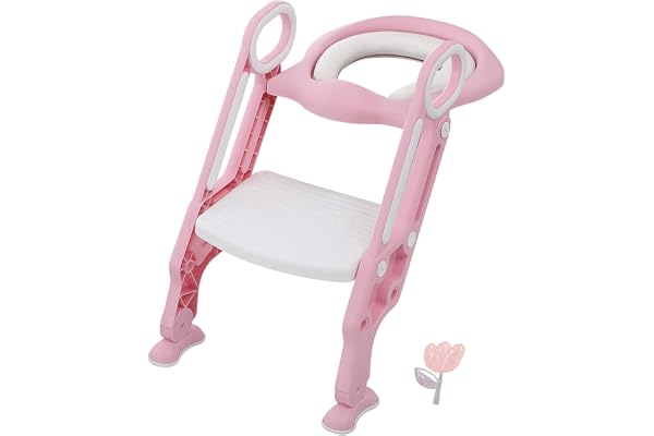 Siège de Toilette pour Enfants Pliable et Hauteur Réglable, Réducteur de Toilette pour Bébé avec Marches Larges et Antidérapantes, Lunette de Toilette Rembourré Confortable