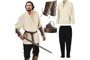 Occzin Mittelalter Kleidung Herren - 5 Stück Herren Renaissance Kostüm Set, Herren Mittelalter Hemd Viking Kostüm Schnürhemd Herren Lang Mittelalter mit Hose Gürtel Handgelenkgurt Zubehör