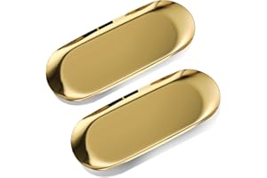 ATLIBERSWO 2 Piezas Bandeja - Bandeja Decorativa - Bandeja Decorativa de Acero Inoxidable - 23 X 9,5 cm Ovalada - Bandejas para Postres, Cosméticos, Joyas, Velas, Llaves - Dorado