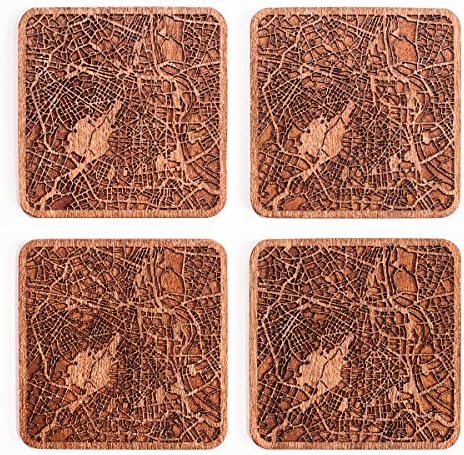 New Delhi Map Coaster, Set of 4, Sapele Wooden Coaster with City Map, Handmade